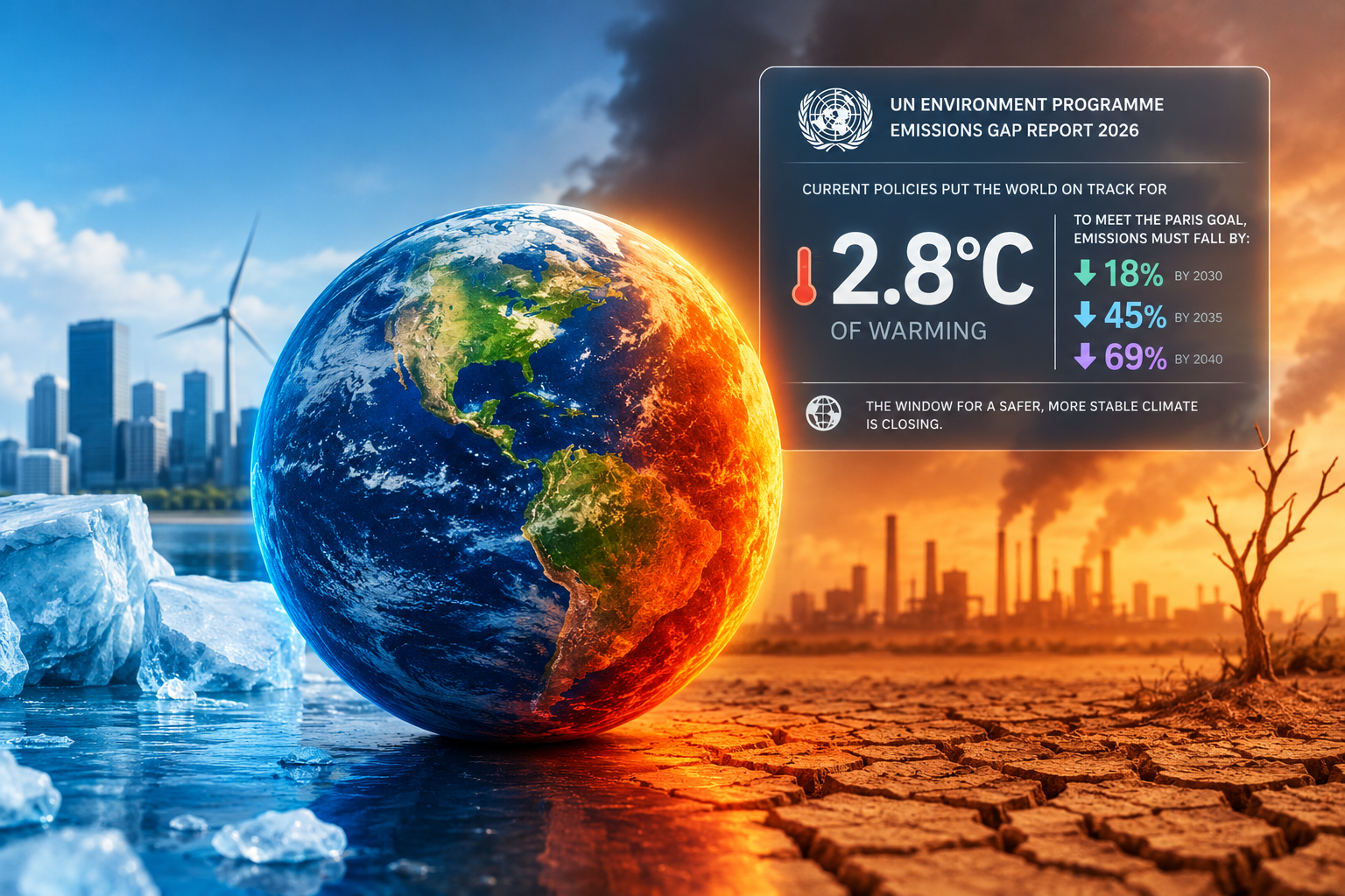 Editorial illustration of Earth divided between a sustainable, green future and a hotter, drought-stricken world, highlighting the UN's warning that current climate policies could lead to 2.8°C of global warming.
